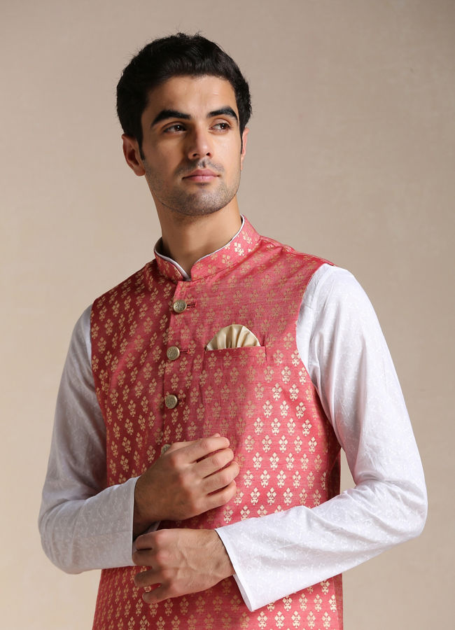 alt message - Manyavar Men Rust Red Jacket With Golden Motifs image number 0